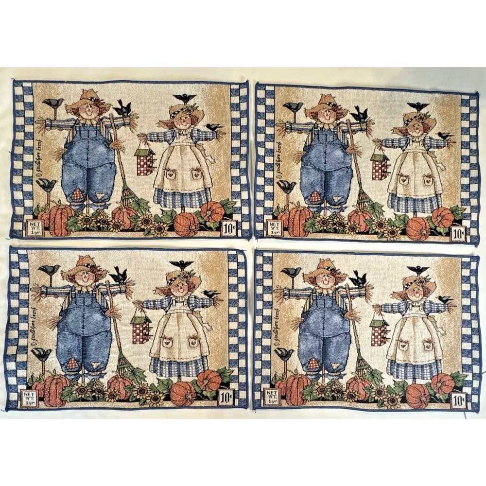 Sandi Gore Evans Halloween Fall Tapestry Placemat Set 4 Scarecrow Pumpkin Farm